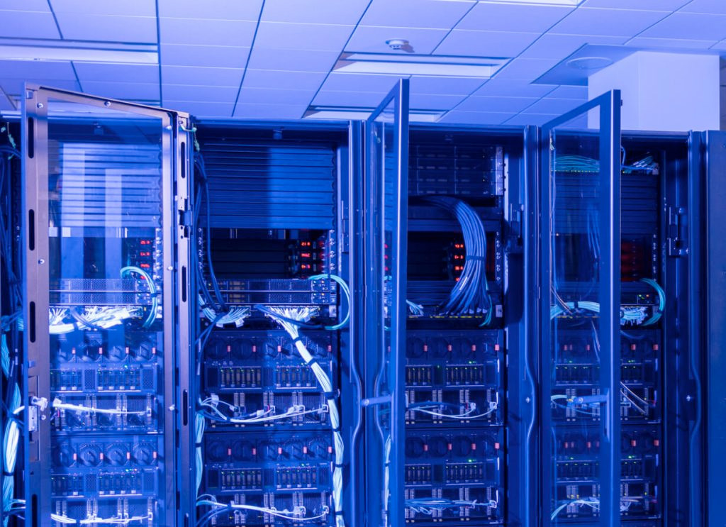 HPC servers with cables and flashing lights