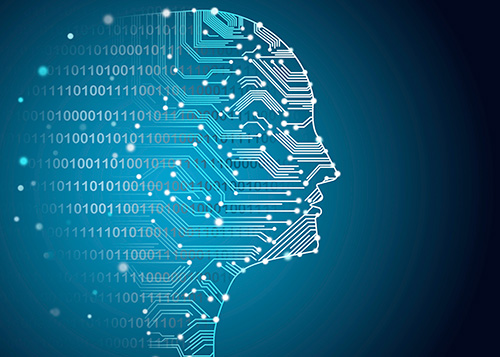 Digital illustration of human profile with bits and circuits