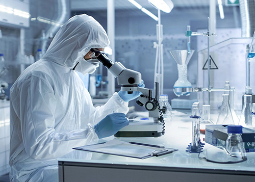 In a Secure High Level Research Laboratory Scientist in a Coverall Examines Petri Dish Under Microscope.