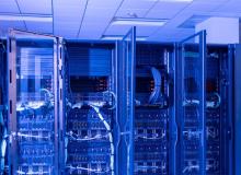 HPC servers with cables and flashing lights