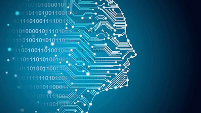 Digital illustration of human profile with bits and circuits